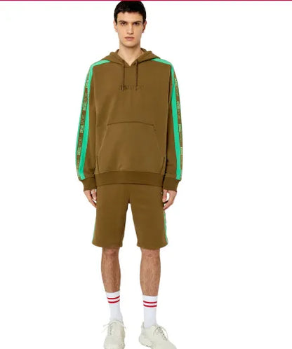 Men's olive-brown hoodie with green side stripe tape and front kangaroo pocket