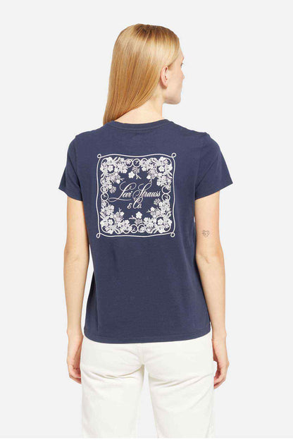 Women's dark blue crew-neck T-shirt with large back square logo print