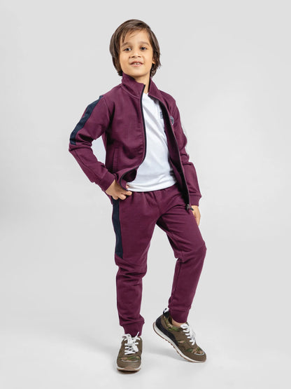 Burgundy kids zip-up tracksuit set with matching pants, front full-body view