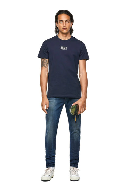 Dark navy crew-neck T-shirt with chest logo, short sleeves