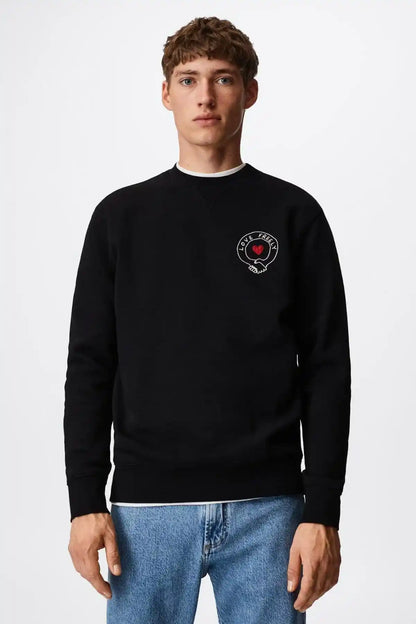 Black crewneck sweatshirt with red heart logo on left chest