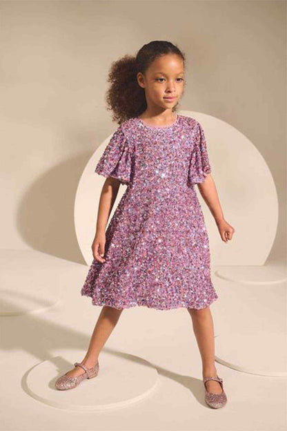 Girls' pink short-sleeve sparkly dress with gathered skirt and round neckline
