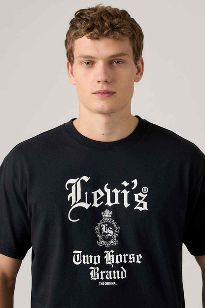 Black T-shirt close-up with Levi's Two Horse Brand crest logo