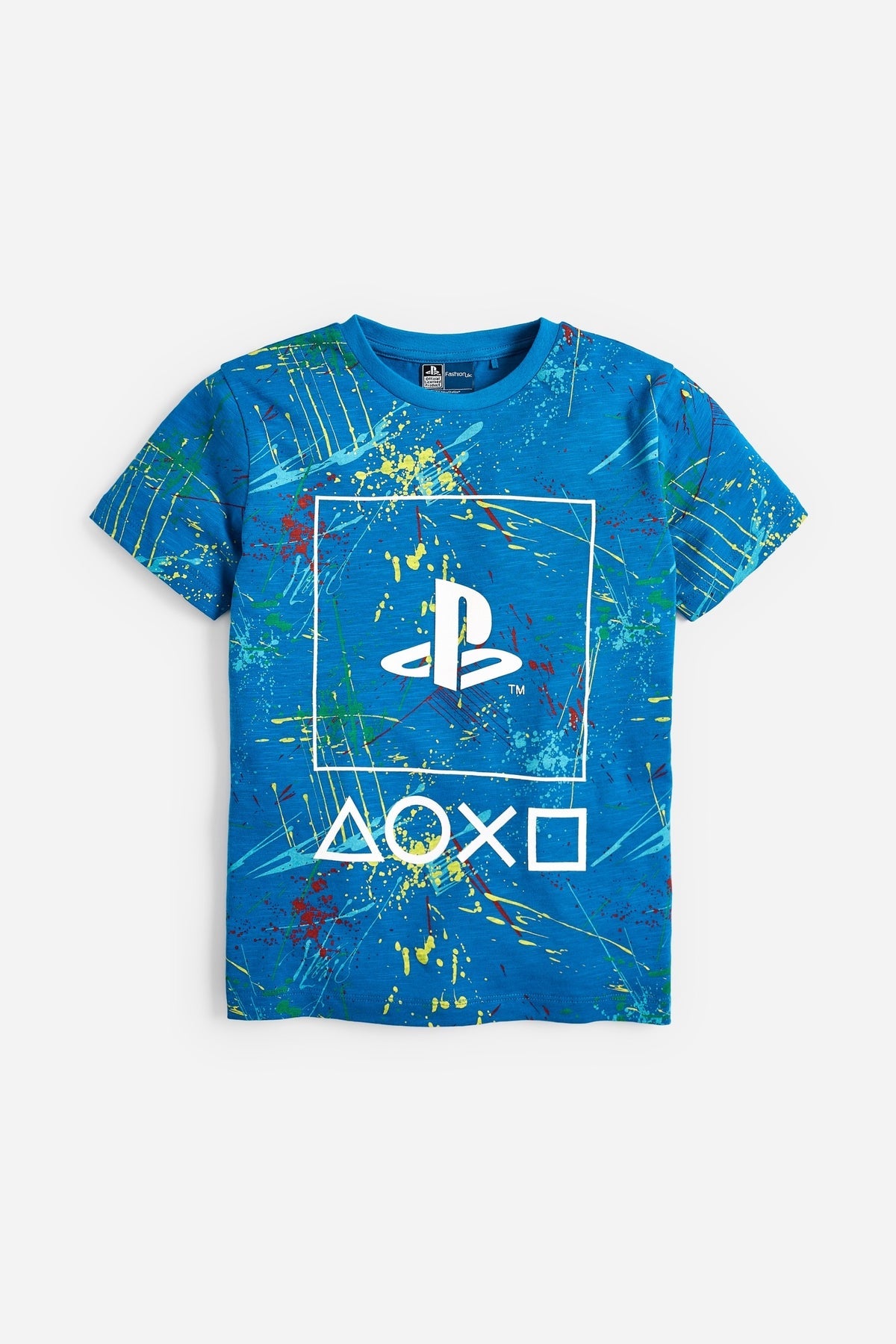 Blue graphic short-sleeve T-shirt with front logo and splatter paint print