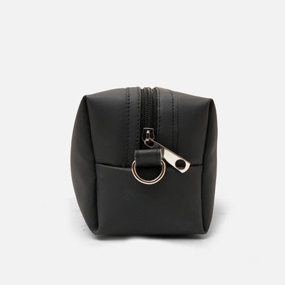 Black padded toiletry bag with front zipper and D-ring strap hardware