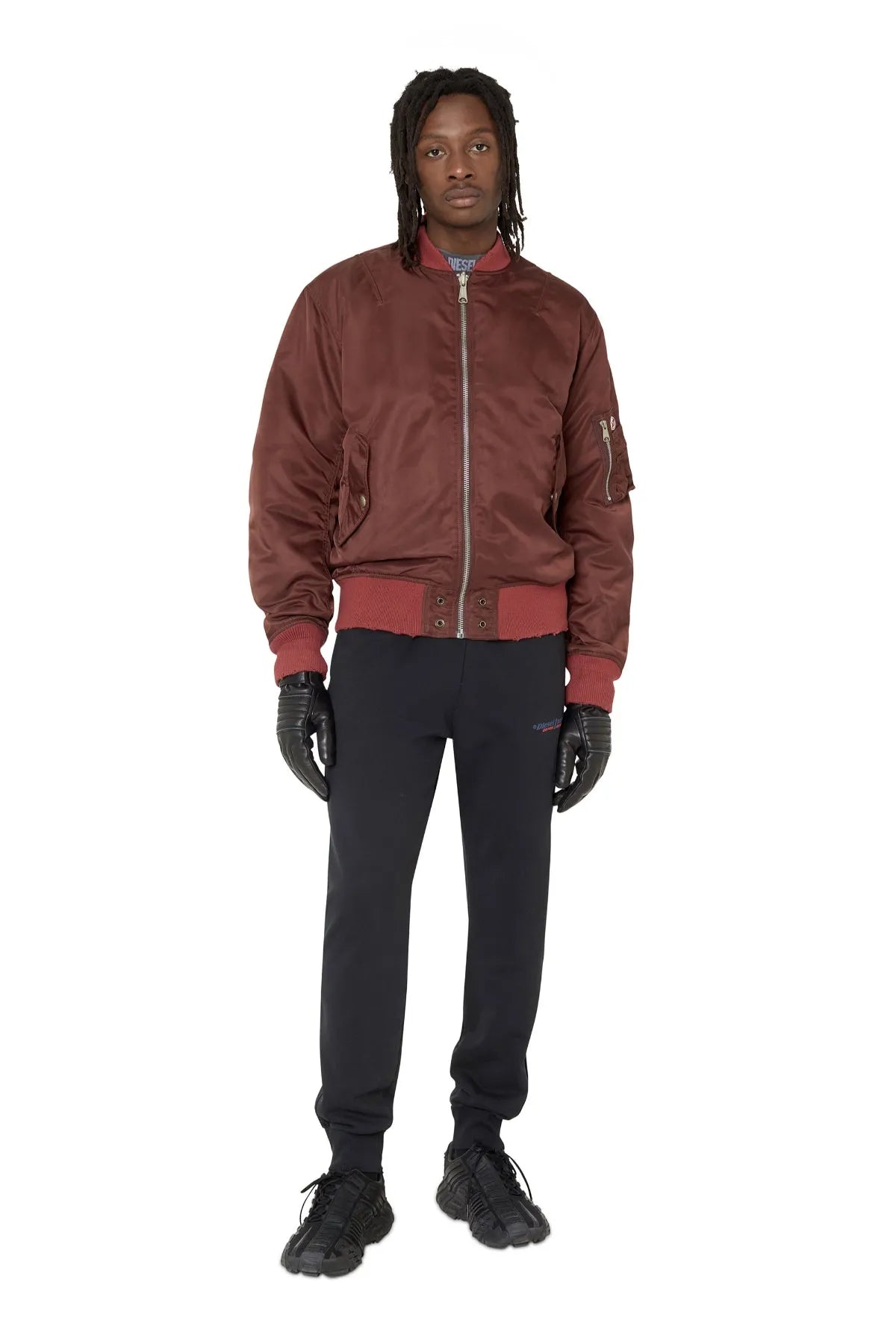 Brown satin bomber jacket front view with zip closure and ribbed waistband hem