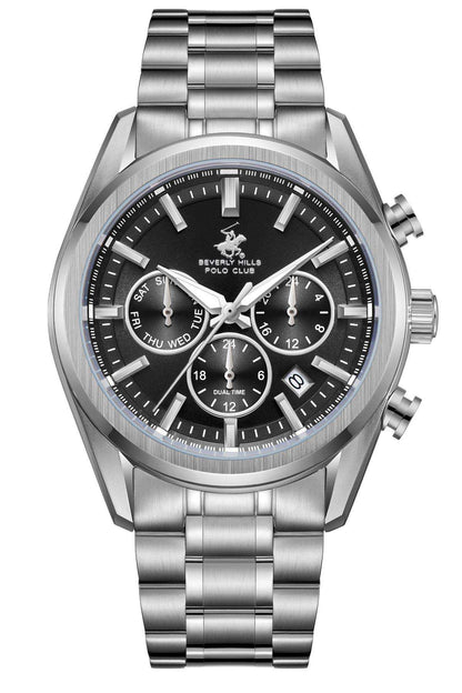 BHPC silver wristwatch, black dial with day-date and three subdials, metal bracelet
