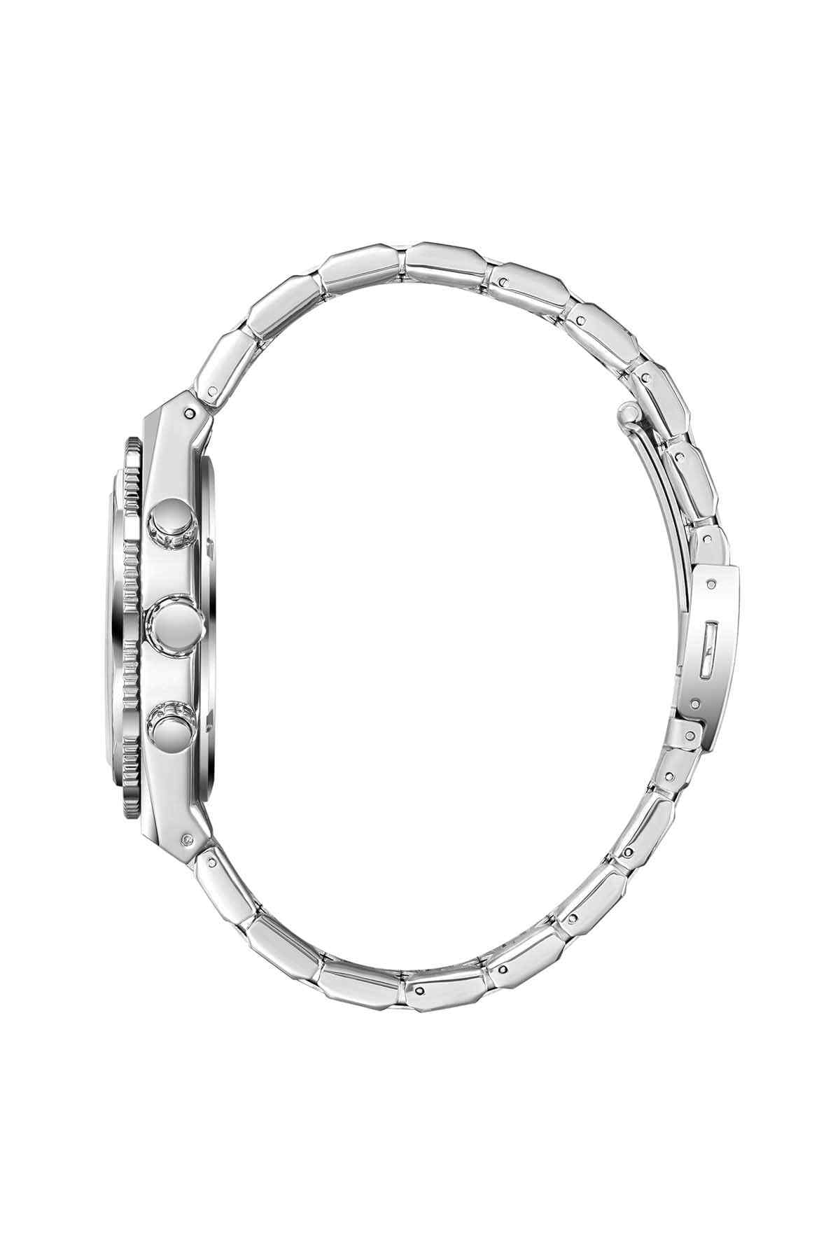 Silver metal wristwatch case and linked bracelet, side view