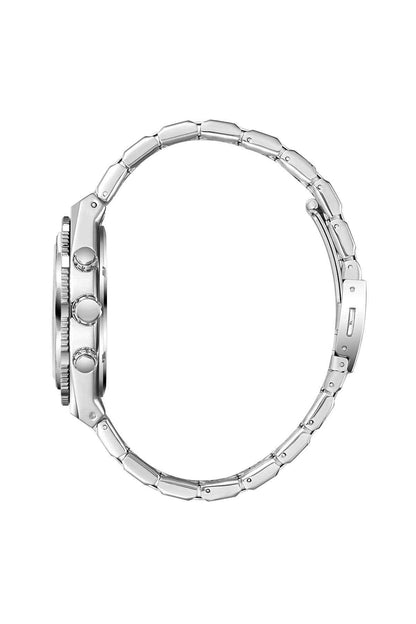 Silver metal wristwatch case and linked bracelet, side view