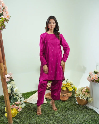 Magenta long-sleeve tunic and pants set with subtle allover dotted pattern