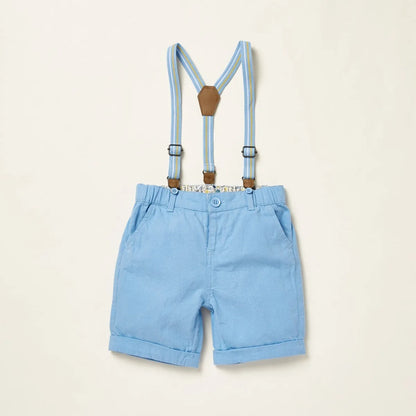 Baby light blue shorts with suspenders and patterned short-sleeve shirt, front view