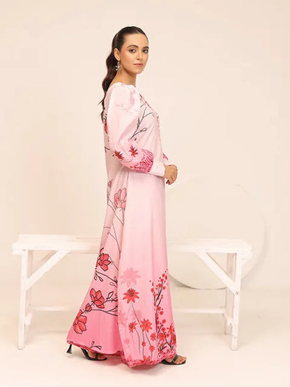 Nazmina pink floral maxi dress, long sleeves, button-front detail