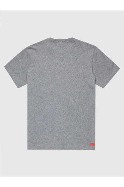 Grey crew-neck T-shirt back view with small red logo patch at hem