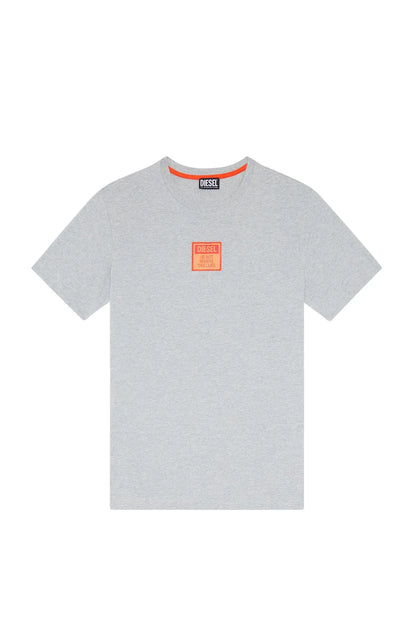 Grey crewneck T-shirt with orange logo print at center chest
