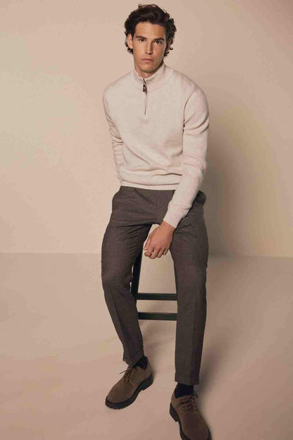NEXT ecru half-zip sweater, front view with zip neckline and ribbed hem