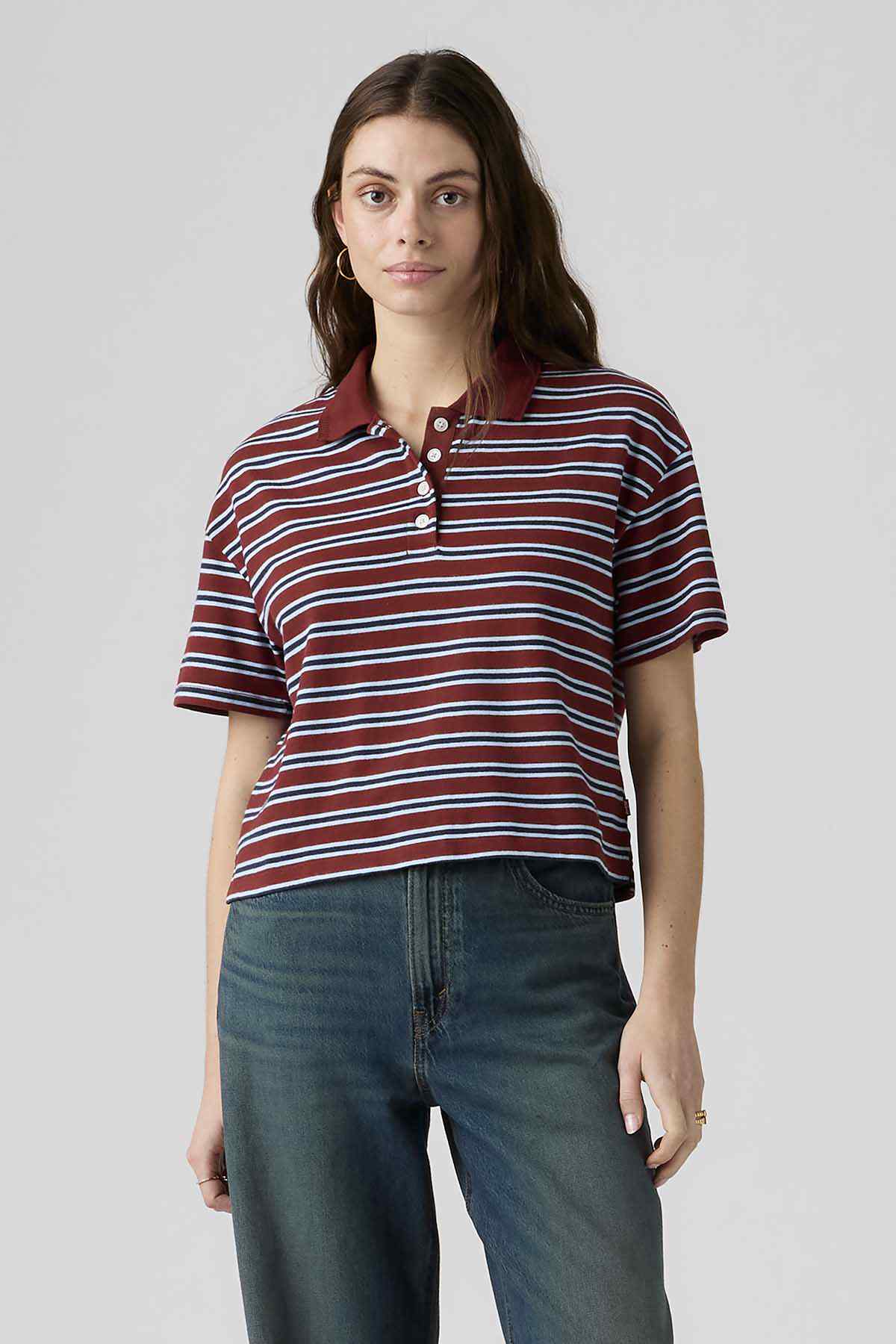 Levi's maroon striped polo shirt with button placket and short sleeves