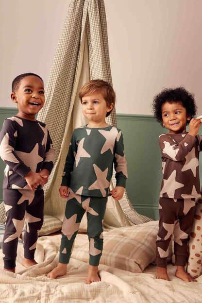 Kids star-print pajama set, dark green with ecru stars and matching long pants