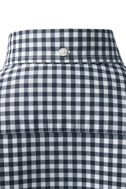 Blue check shirt back yoke with single button and crisp collarless opening