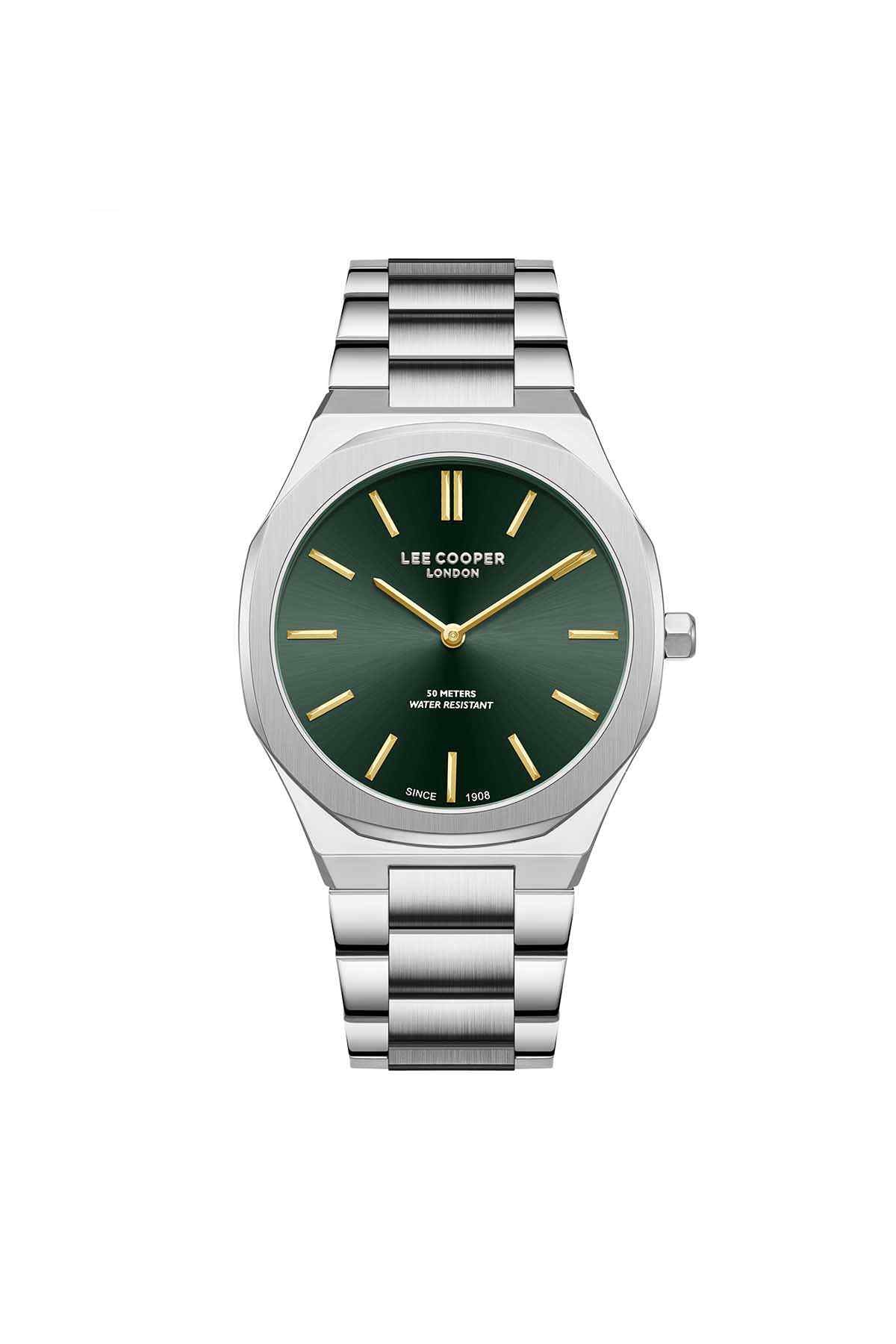 Lee Cooper silver wristwatch with green dial, gold hands, steel bracelet