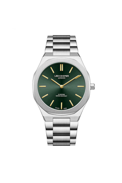 Lee Cooper silver wristwatch with green dial, gold hands, steel bracelet