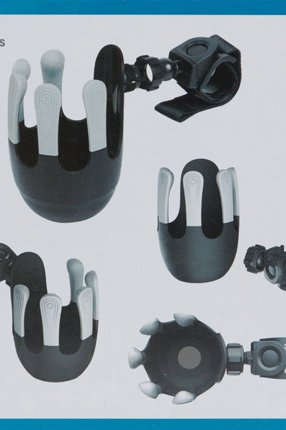 Stroller cup holder parts set, black holder with light gray grips and mounting arm