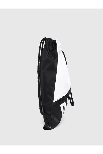 Two-tone black and white drawstring backpack with braided cord straps