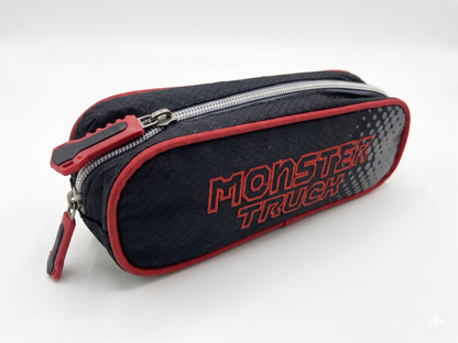 Monster Truck pencil case with zip, dark navy fabric and red trim