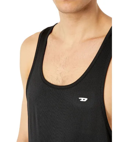 Men's black sleeveless tank top with small white chest logo