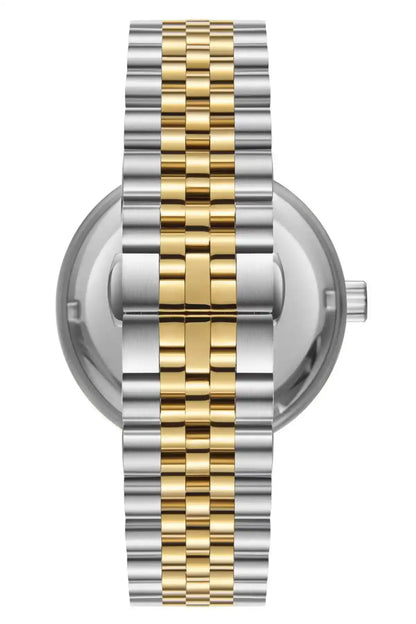 Two-tone gold and silver wristwatch with gold center stripe on metal bracelet