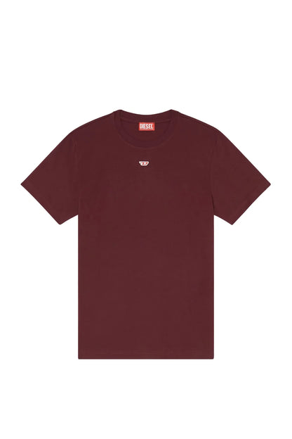 Burgundy crewneck T-shirt front view with chest logo