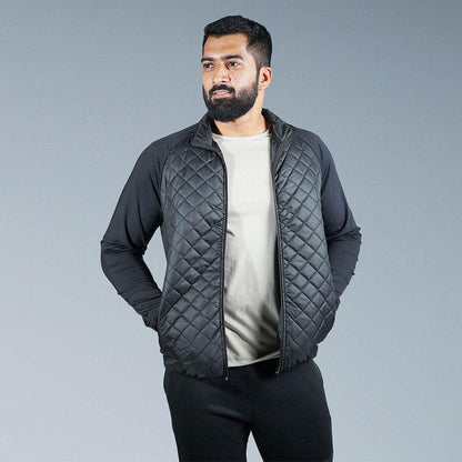 Black quilted zip-up jacket with diamond pattern and zip-front
