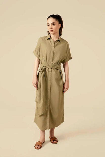 Olive belted shirt dress with short sleeves and button-front