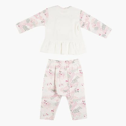 Baby top and pants set, white with pink animal print, long sleeves and gathered peplum hem