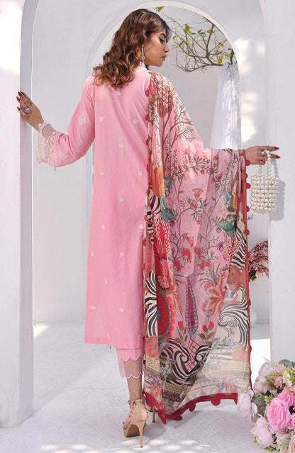 Rose pink long tunic dress with lace trim and flowing floral dupatta on back