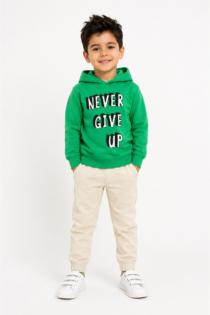 Green kids hoodie with hood and 'Never Give Up' chest print