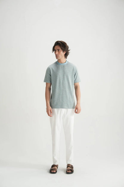 Men's light blue striped crewneck T-shirt with short sleeves and straight hem