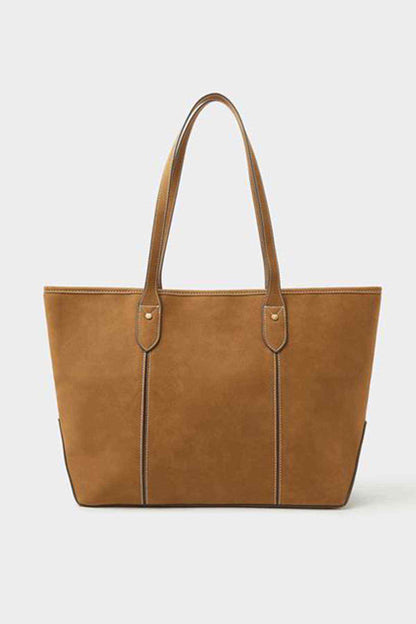 Tan tote bag with two top handles and front zip pocket detail