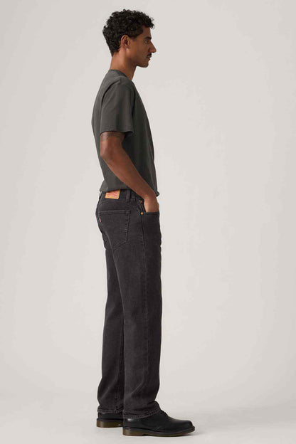 Levi's black jeans side view with pocket detail and straight leg