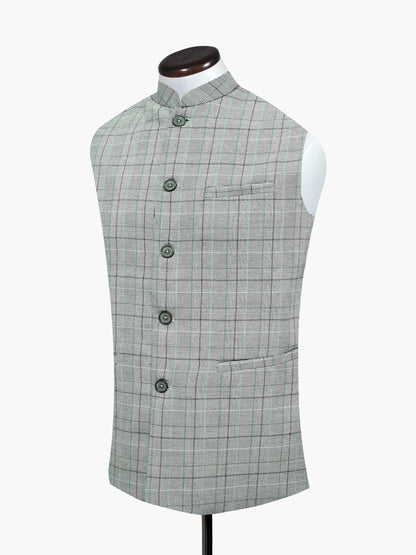 Brumano grey check sleeveless waistcoat with flap pocket, stand collar, and buttons