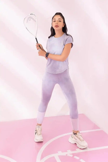 Lavender athletic T-shirt and leggings set, side view