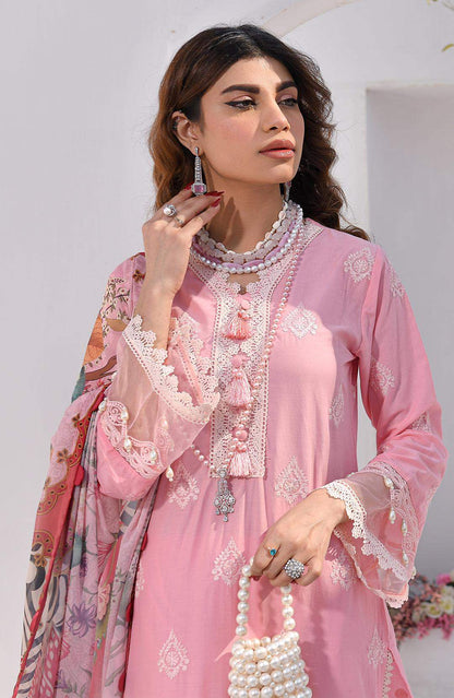 Rose pink embroidered tunic dress with lace trim and pearl tassel accents