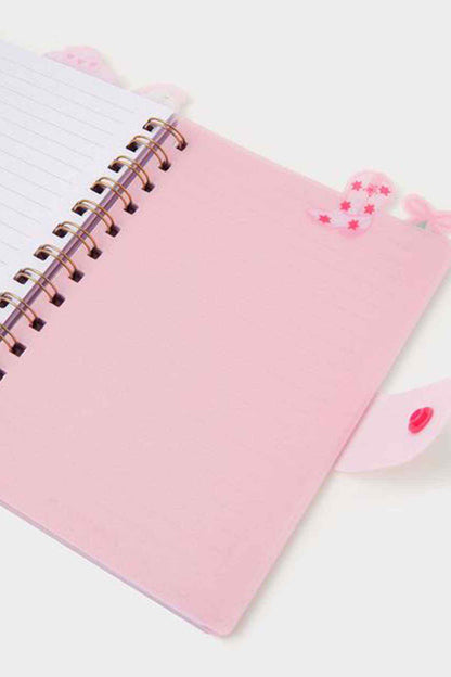 Accessorize pink spiral notebook, lined pages view, heart detail on cover pocket