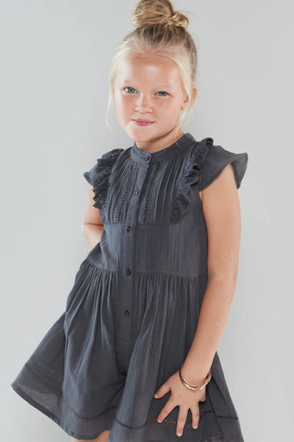 Girls' dark grey sleeveless dress with button placket and ruffled shoulders