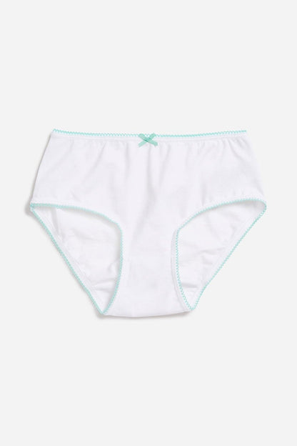 White bikini briefs with teal-trim stitching and elastic waistband