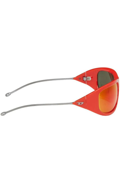 Red wrap sunglasses with silver arms and orange mirrored lenses