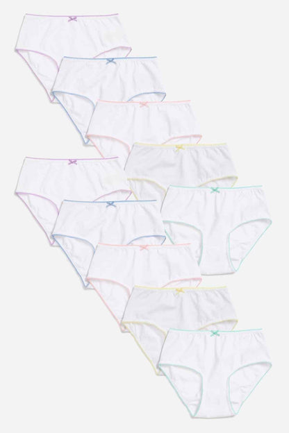 Assorted white briefs with purple and blue trim, elastic waistbands