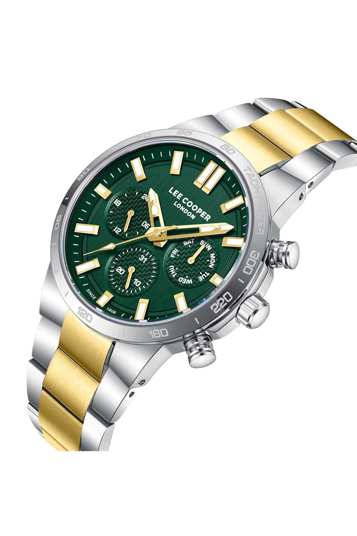 Lee Cooper wristwatch with green dial, gold accents, silver/gold link bracelet