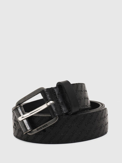 Diesel black belt with silver prong buckle and monogram embossed texture