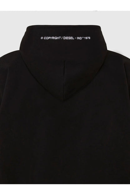 Black Diesel hoodie hood close-up with © COPYRIGHT DIESEL text