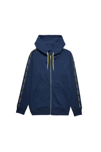 Blue zip-up hoodie with hood, yellow drawstrings, side panels and sleeve stripe detail